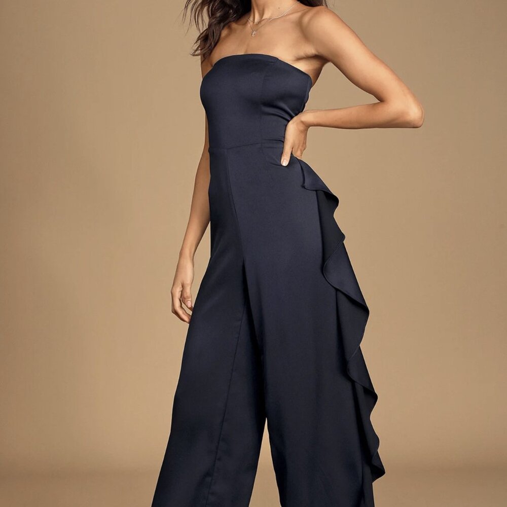 NWT Lululs Cascading Love Navy Blue Strapless Ruffled Wide-Leg Jumpsuit - Picture 3 of 7